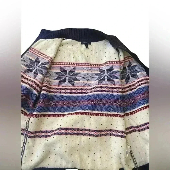 Lands’ End Women’s Navy Blue Fair Isle Button Up Cardigan Medium Wool Blend - Picture 4 of 9